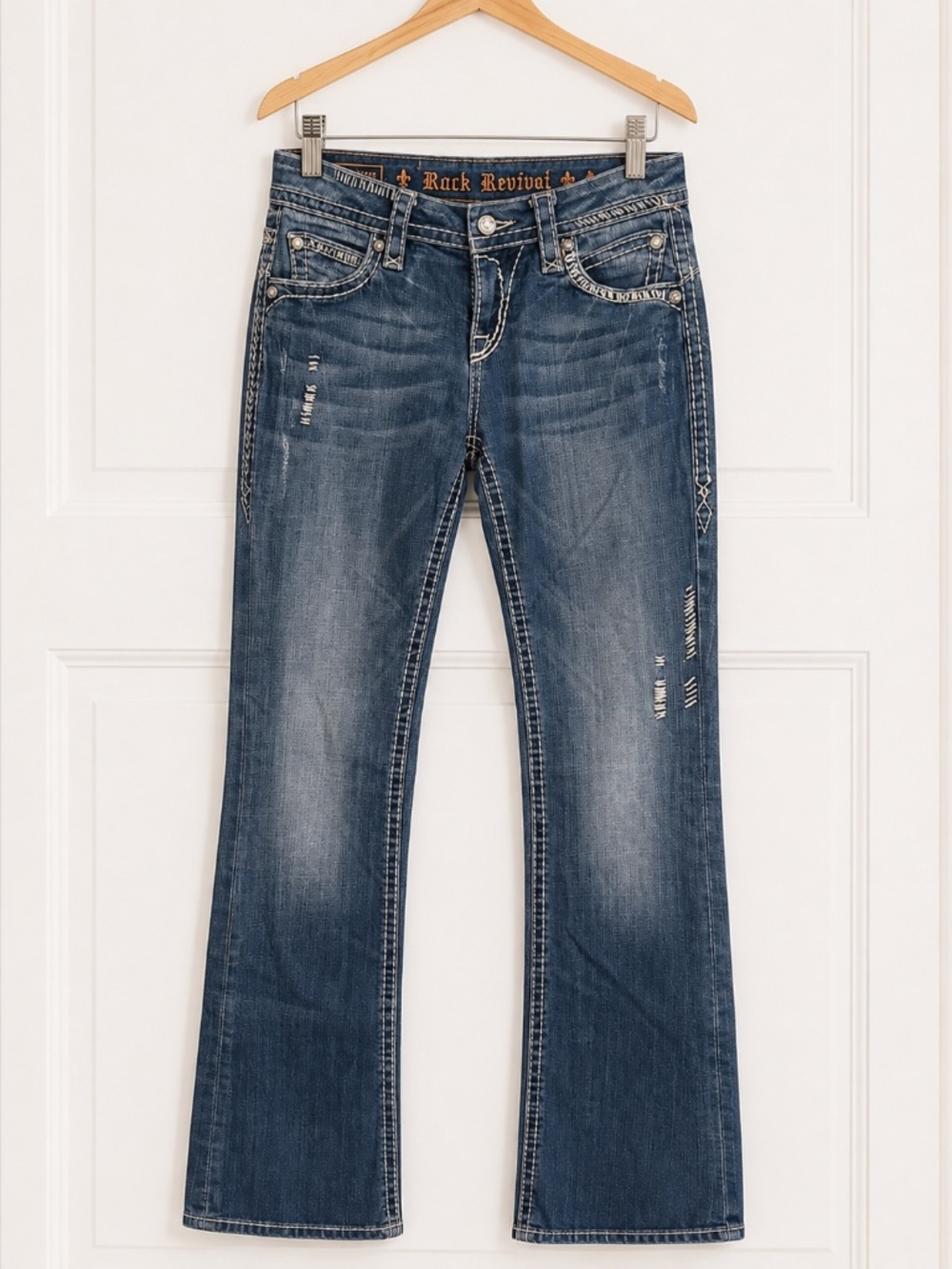 Rock Revival Bootcut Jeans Women’s Size 27 Medium Wash Distressed Rhinestone